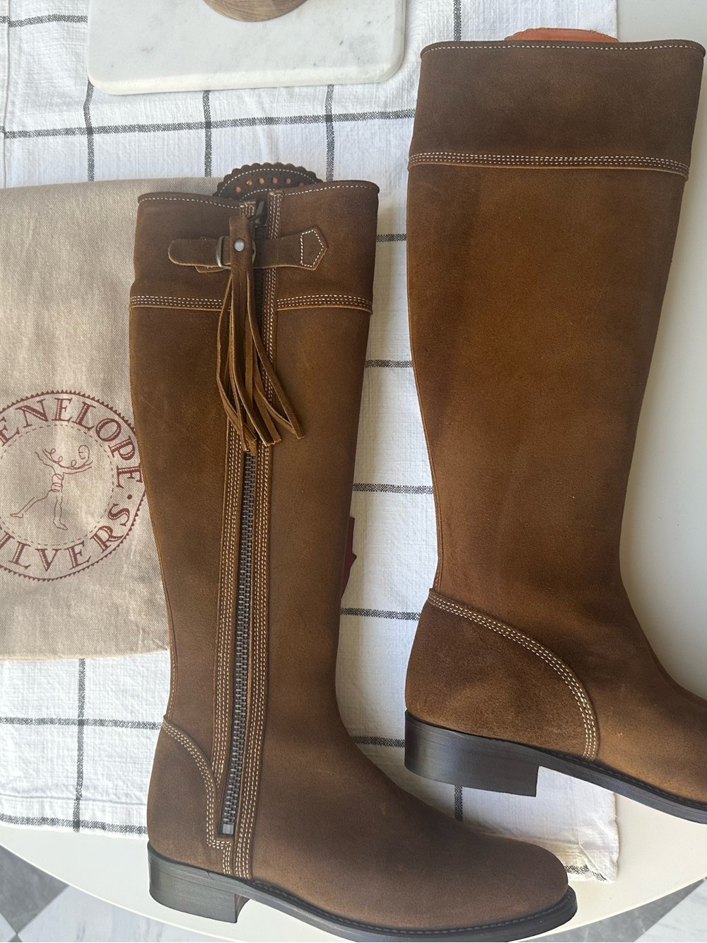 Penelope Chilvers Brown Suede Tall Tassel Zip Riding Boots